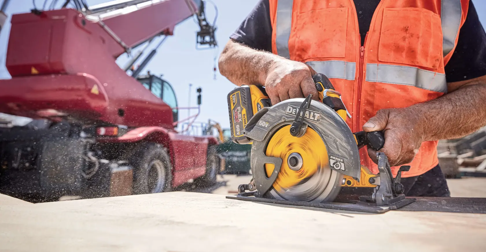 20 Volt to 60 Volt 9 AMP hours Lithium-Ion Battery-powered Circular Saw in use on a wooden sheet