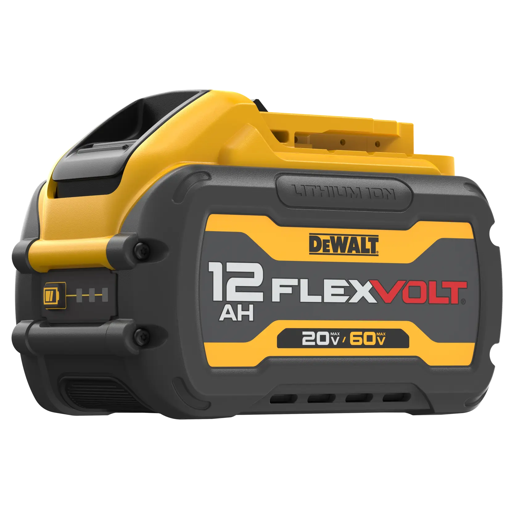 A DeWalt FLEXVOLT 12Ah lithium-ion battery shown close up. The battery is black and yellow with labels indicating 20V/60V MAX and is designed for power tools.