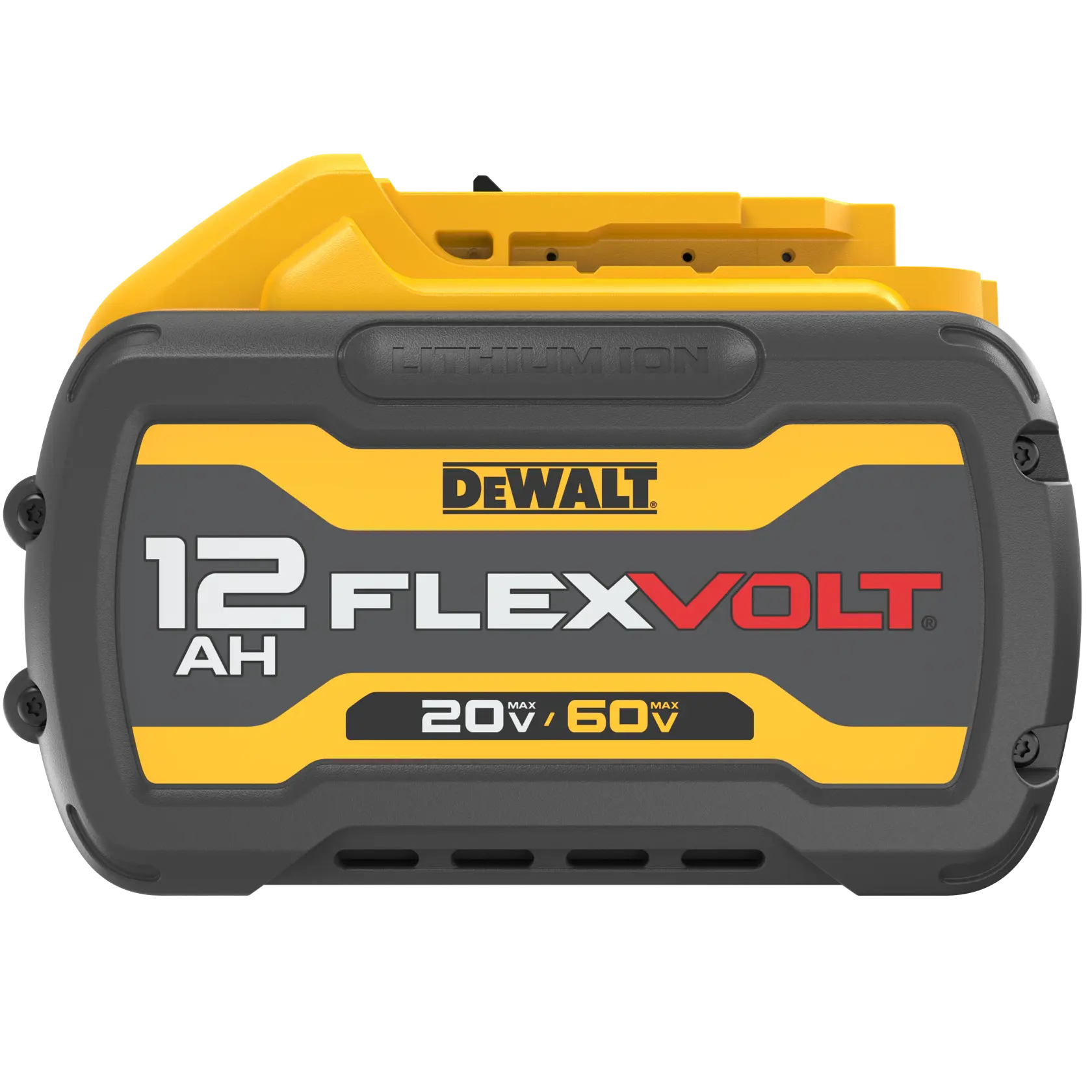 Close-up image of a DeWalt FLEXVOLT Lithium Ion battery with 12 amp hour capacity. The label indicates it is compatible with 20V max and 60V max tools.