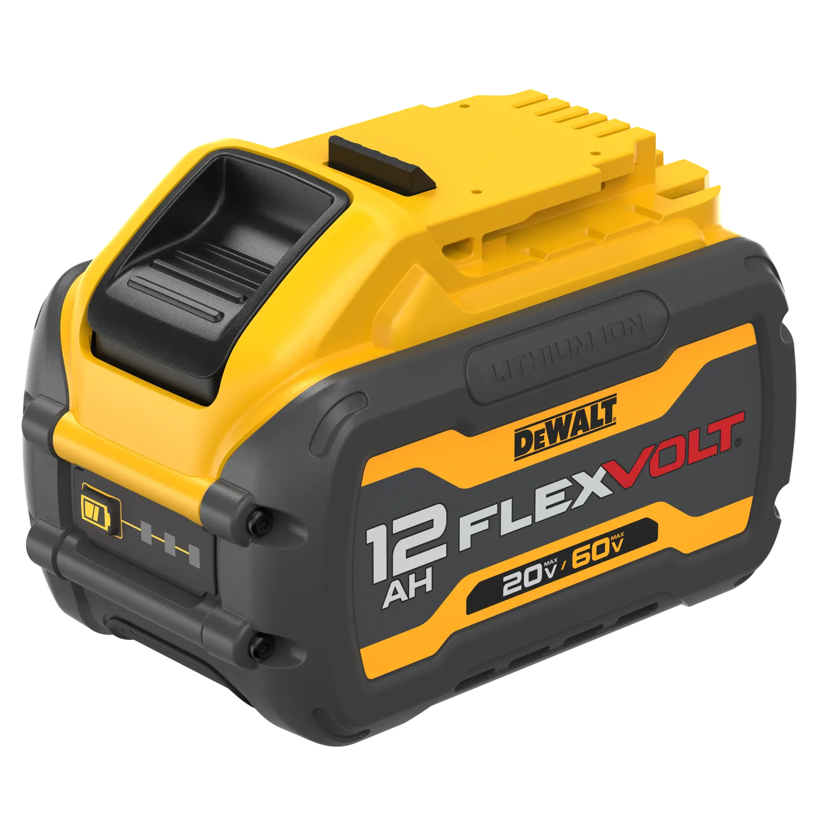 A DeWalt FLEXVOLT 20V/60V lithium-ion battery pack with 12 amp hours, shown in a close-up view highlighting its yellow and black design and the branding on its side.