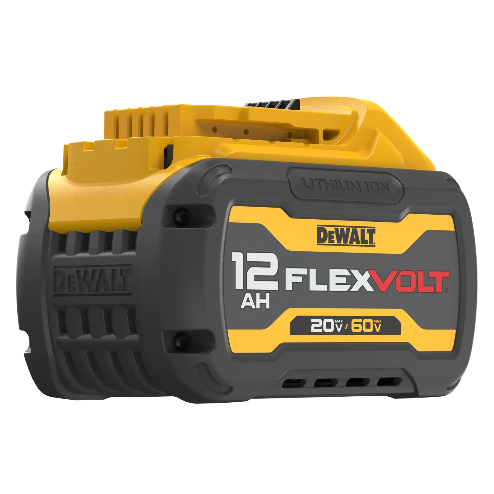 DEWALT DCB6112 20V/60V MAX FLEXVOLT 12Ah Battery angled product view for cordless tool runtime and high-demand jobsite use