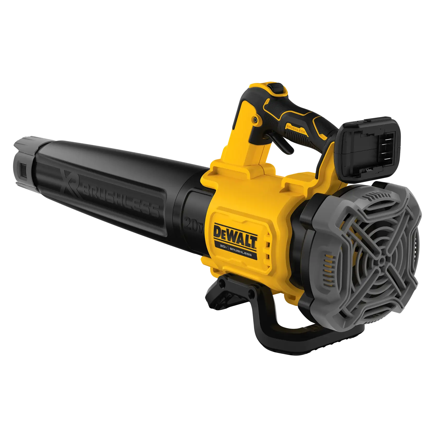 Profile of Lithium Ion XR® brushless, handheld blower with battery socket at its rear. 