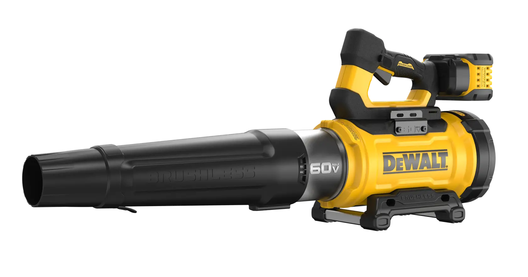 DEWALT 60V MAX Brushless Cordless Low-Noise Blower Kit with FLEXVOLT battery viewed from the front right side on white background