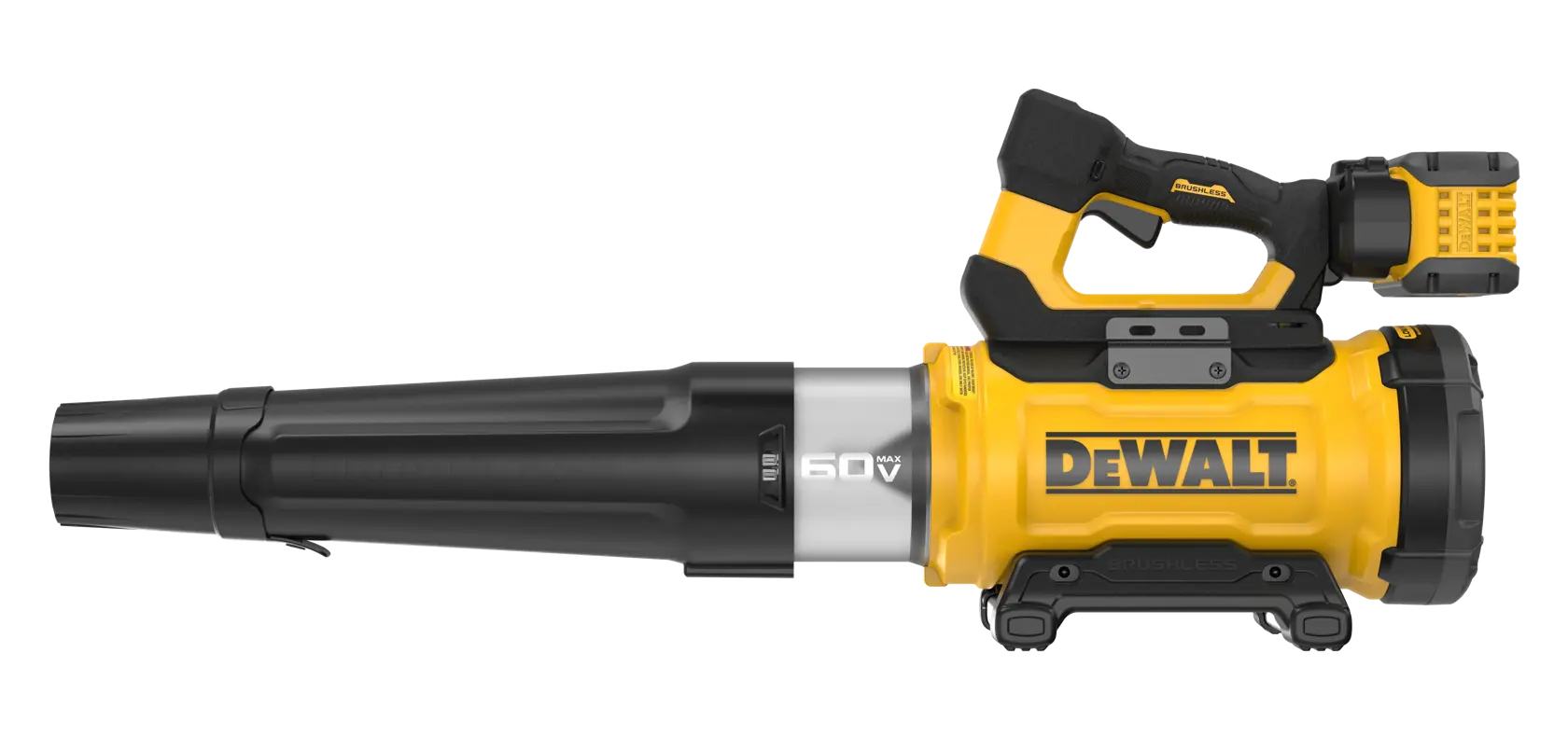 DEWALT 60V MAX Brushless Cordless Low-Noise Blower Kit with FLEXVOLT battery viewed straight on showing the front of the tool on white background