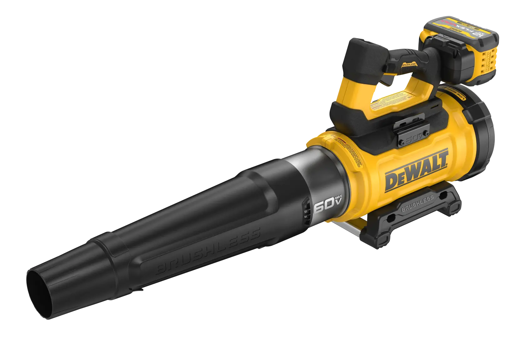 DEWALT 60V MAX Brushless Cordless Low-Noise Blower Kit with FLEXVOLT battery viewed from top right angle on white background