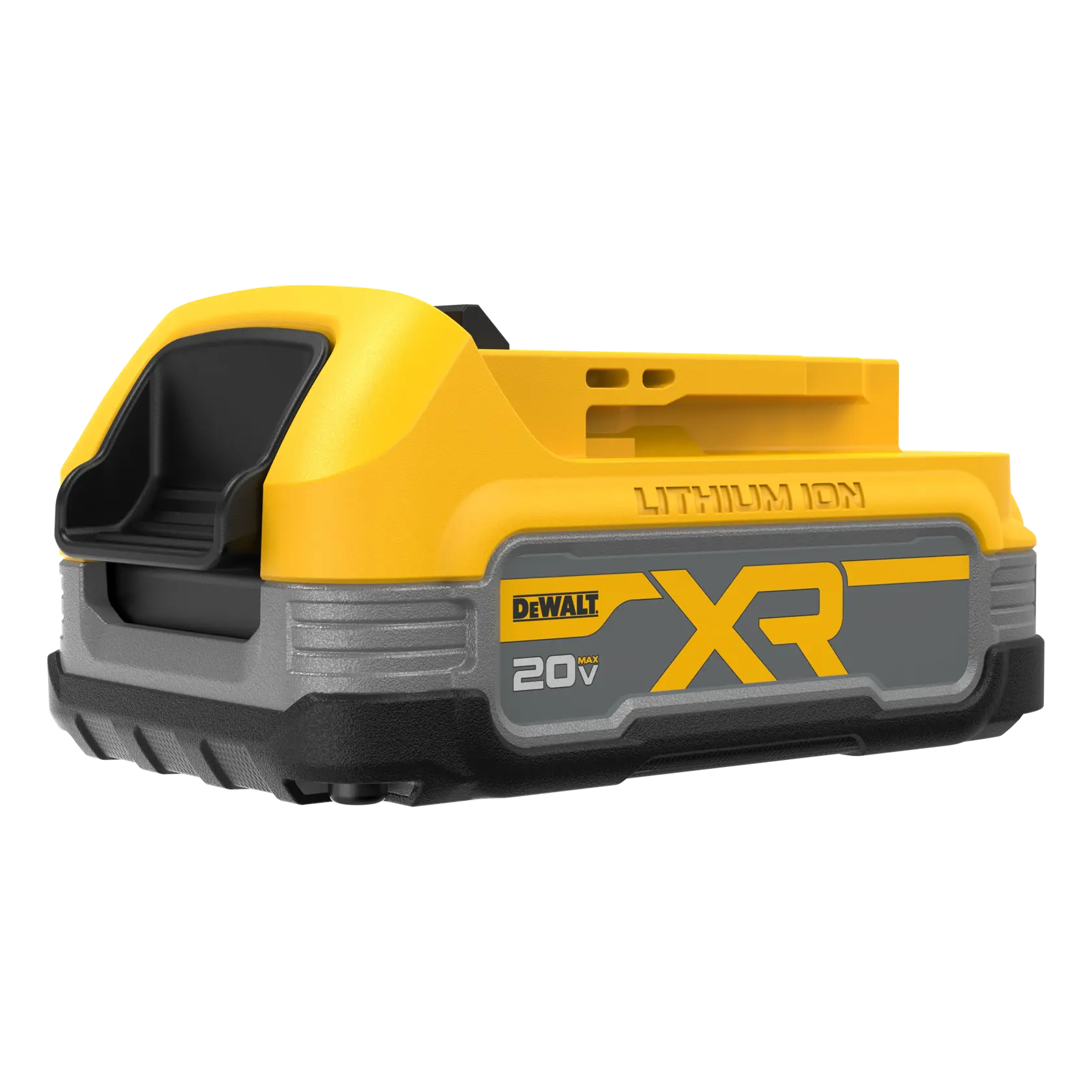 A DEWALT XR lithium-ion 20V battery pack, shown from a side angle, with yellow and gray casing and visible branding.