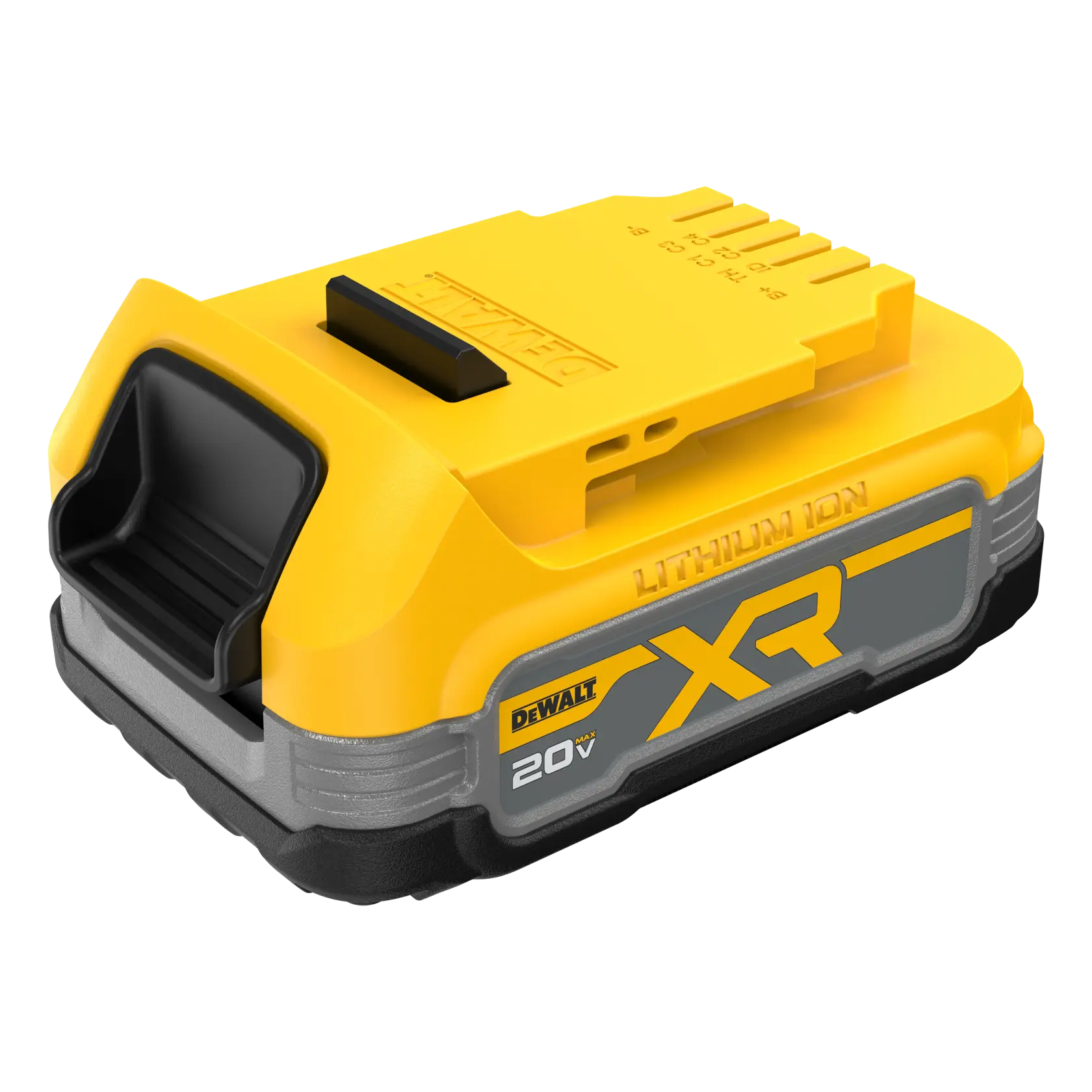 A DEWALT 20V XR Lithium Ion battery pack, mainly yellow and gray, designed for use with power tools.
