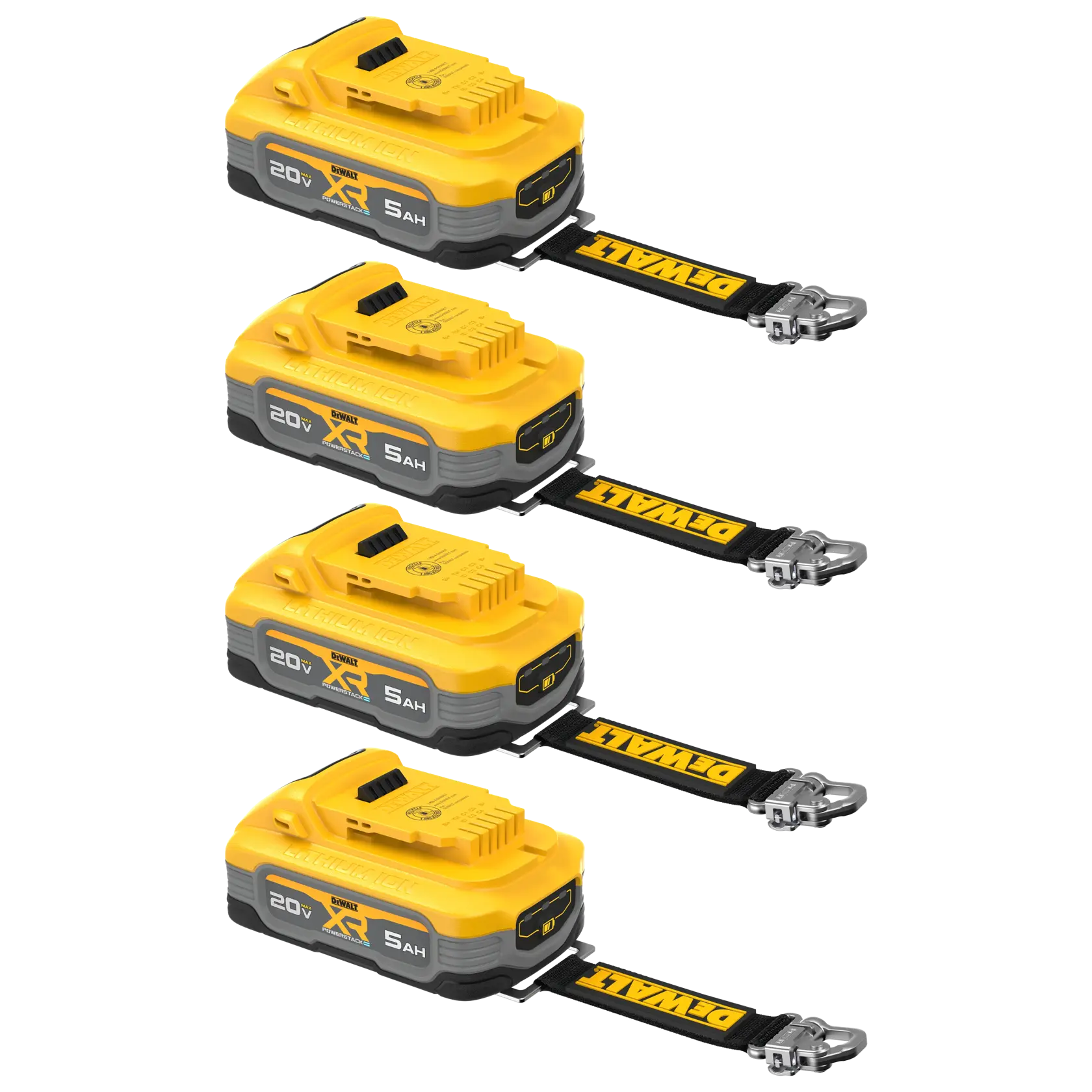 Four DEWALT 20V XR 5Ah lithium-ion rechargeable batteries are shown, each with a yellow and black design and attached DEWALT-branded straps with metal clips.