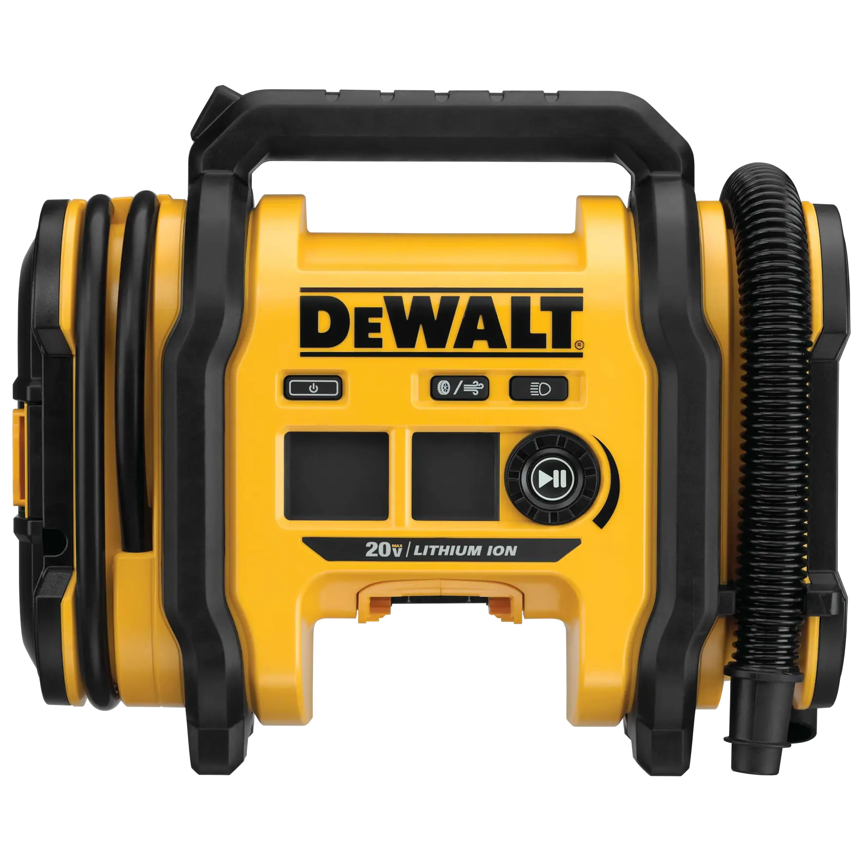 Front view of a yellow DEWALT portable air inflator with a black handle, coiled hose, and power cord attached to the sides. Product label and instructions are visible on the front.