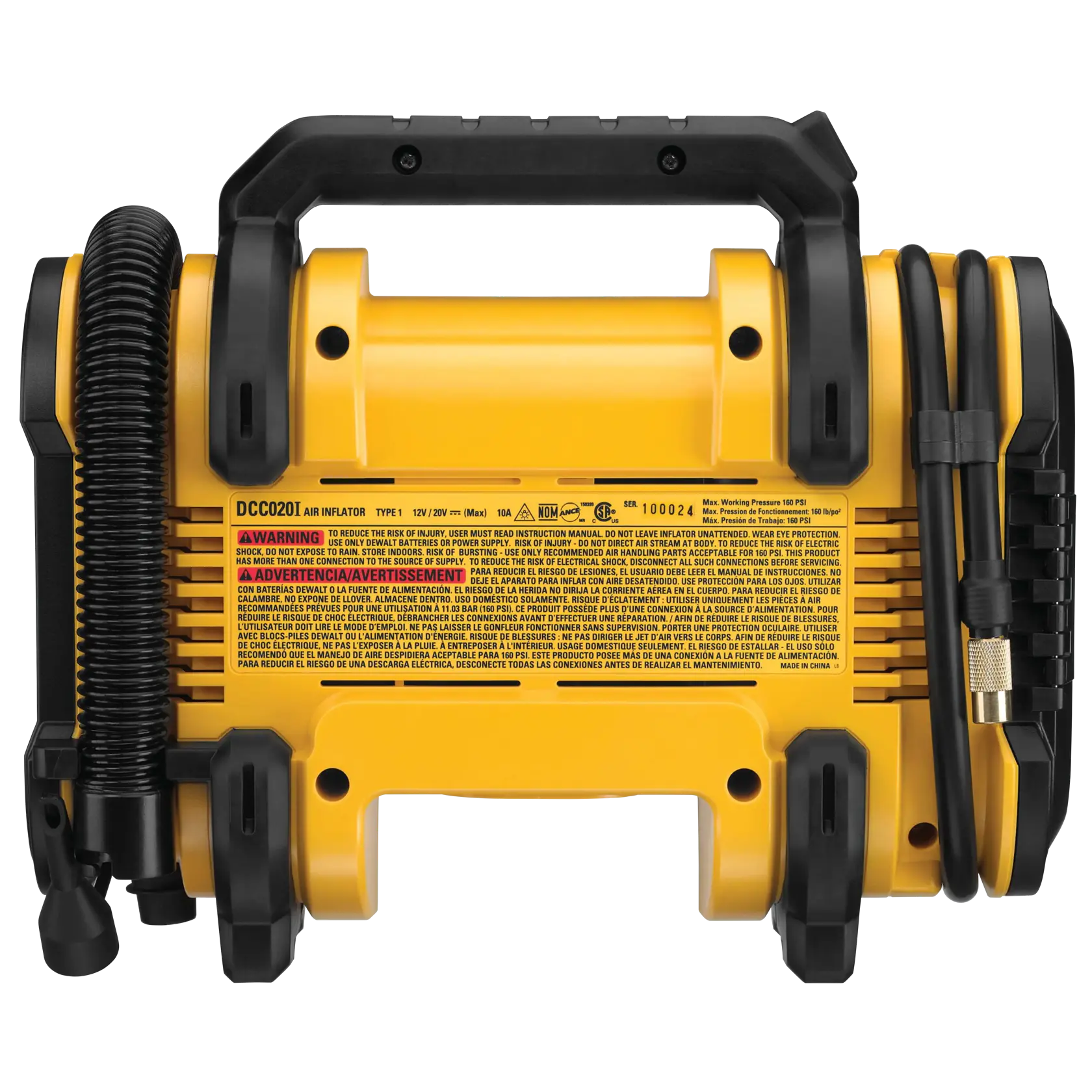 A DEWALT 20V Lithium Ion portable air inflator, featuring a yellow and black design, digital display, control buttons, and a flexible hose attached to the side.