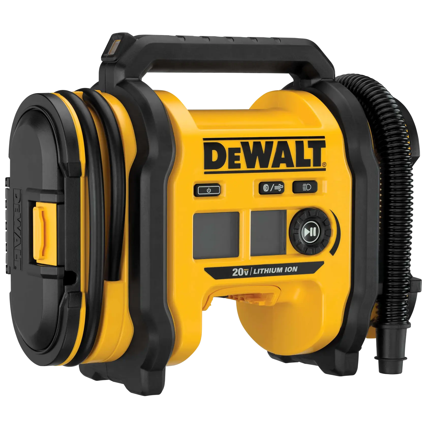 A person is using a DEWALT portable air inflator to inflate a dirty car tire on a paved surface.