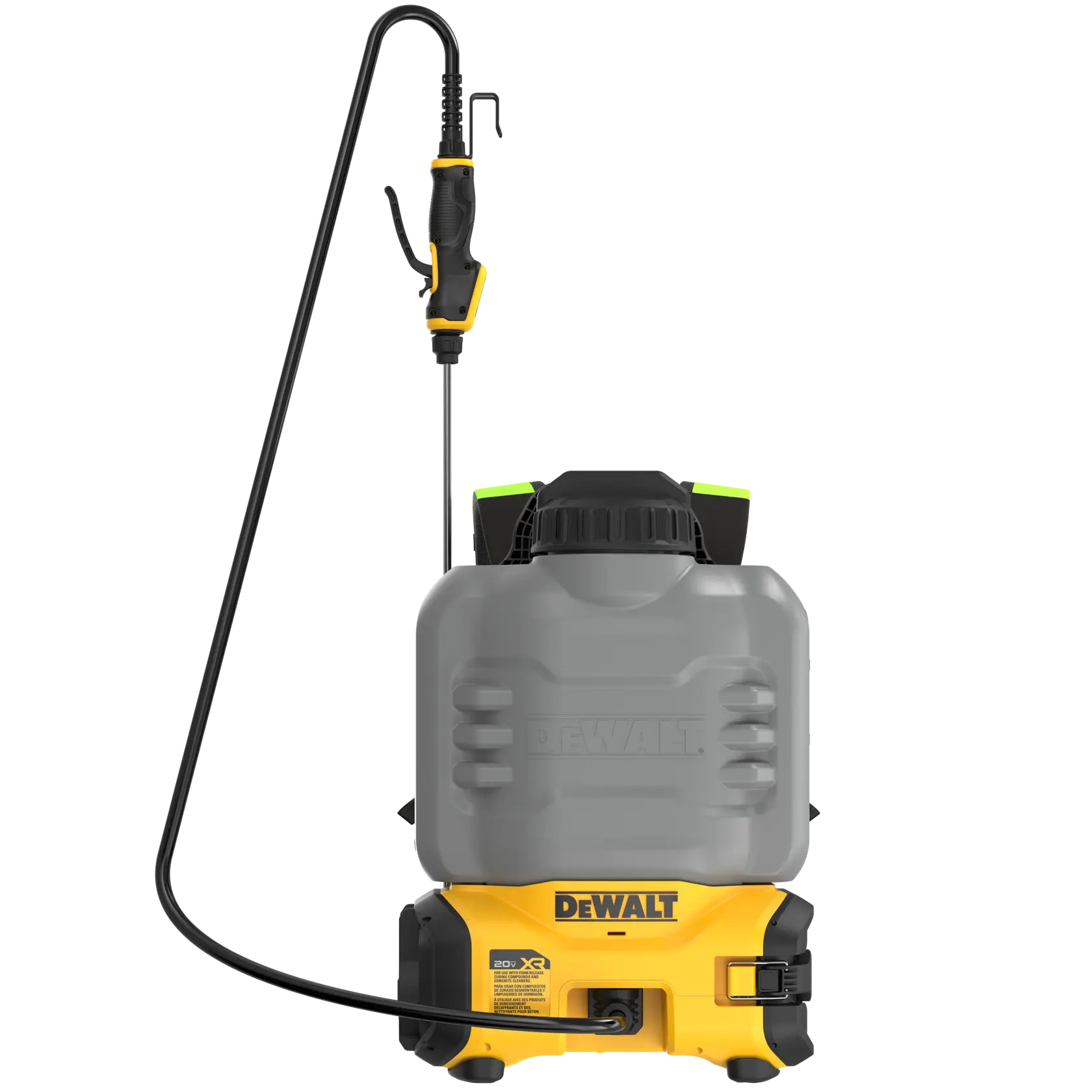 DEWALT cordless battery-powered backpack sprayer with a grey tank, bright yellow base, and a long black hose with a spray handle.