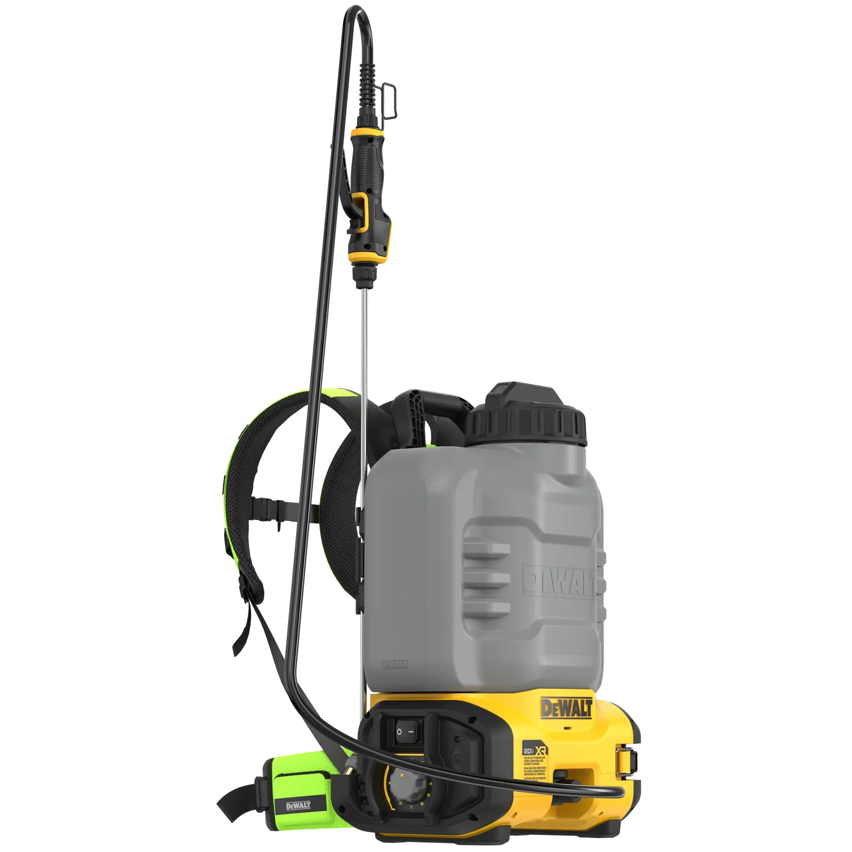 DEWALT cordless backpack sprayer featuring a gray tank, black hose with spray wand, yellow base, and padded straps for comfortable carrying.