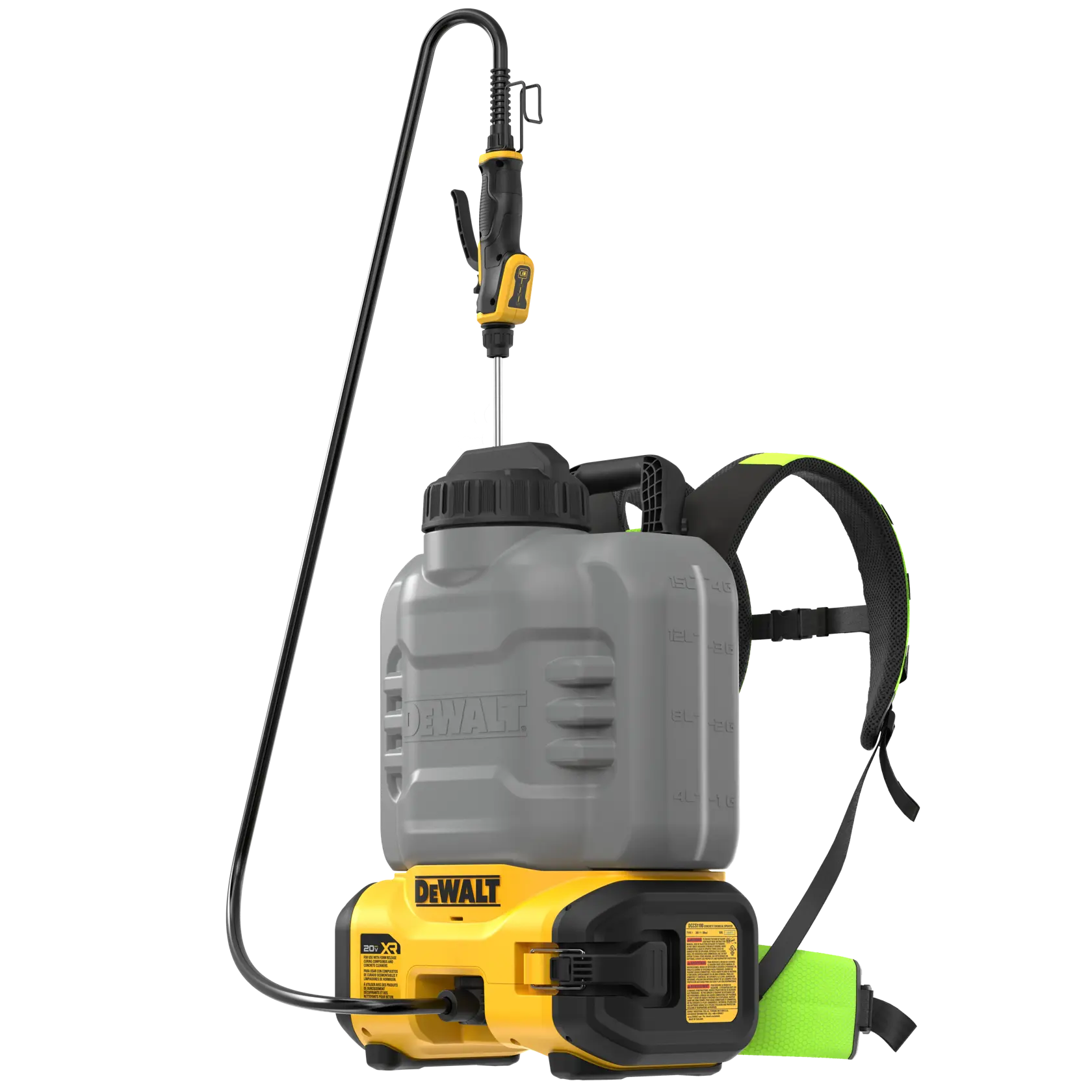 A DEWALT branded battery-powered backpack sprayer with a gray tank, yellow base, and black hose and nozzle, designed for spraying applications. The sprayer features padded straps for carrying comfortably on the back.