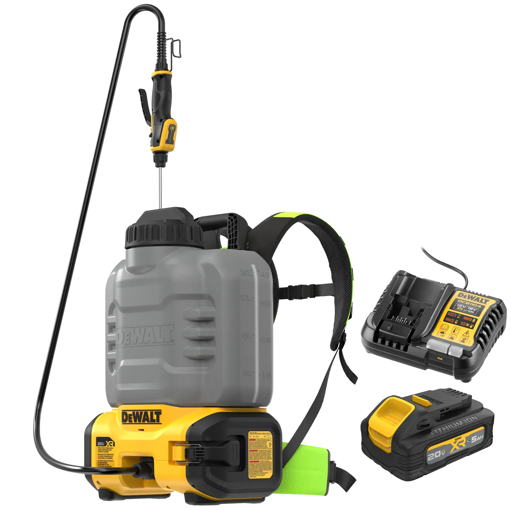 DEWALT cordless backpack sprayer kit including a gray and yellow backpack sprayer with straps, a sprayer wand, a 20V lithium-ion battery, and a battery charger.