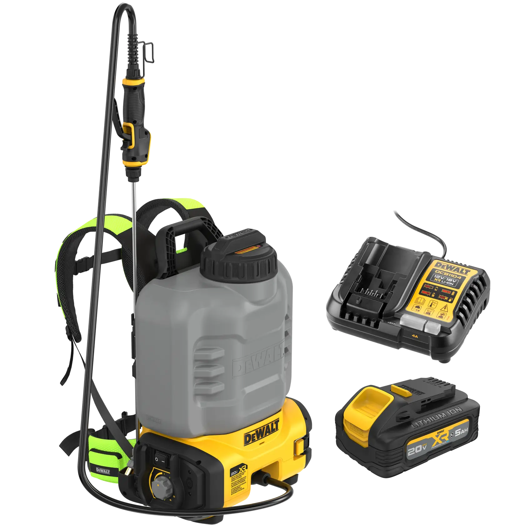 DEWALT cordless backpack sprayer with battery, charger, and wand attachment. The sprayer is gray and yellow with padded shoulder straps, and the set includes a 20V lithium-ion battery and charging station.