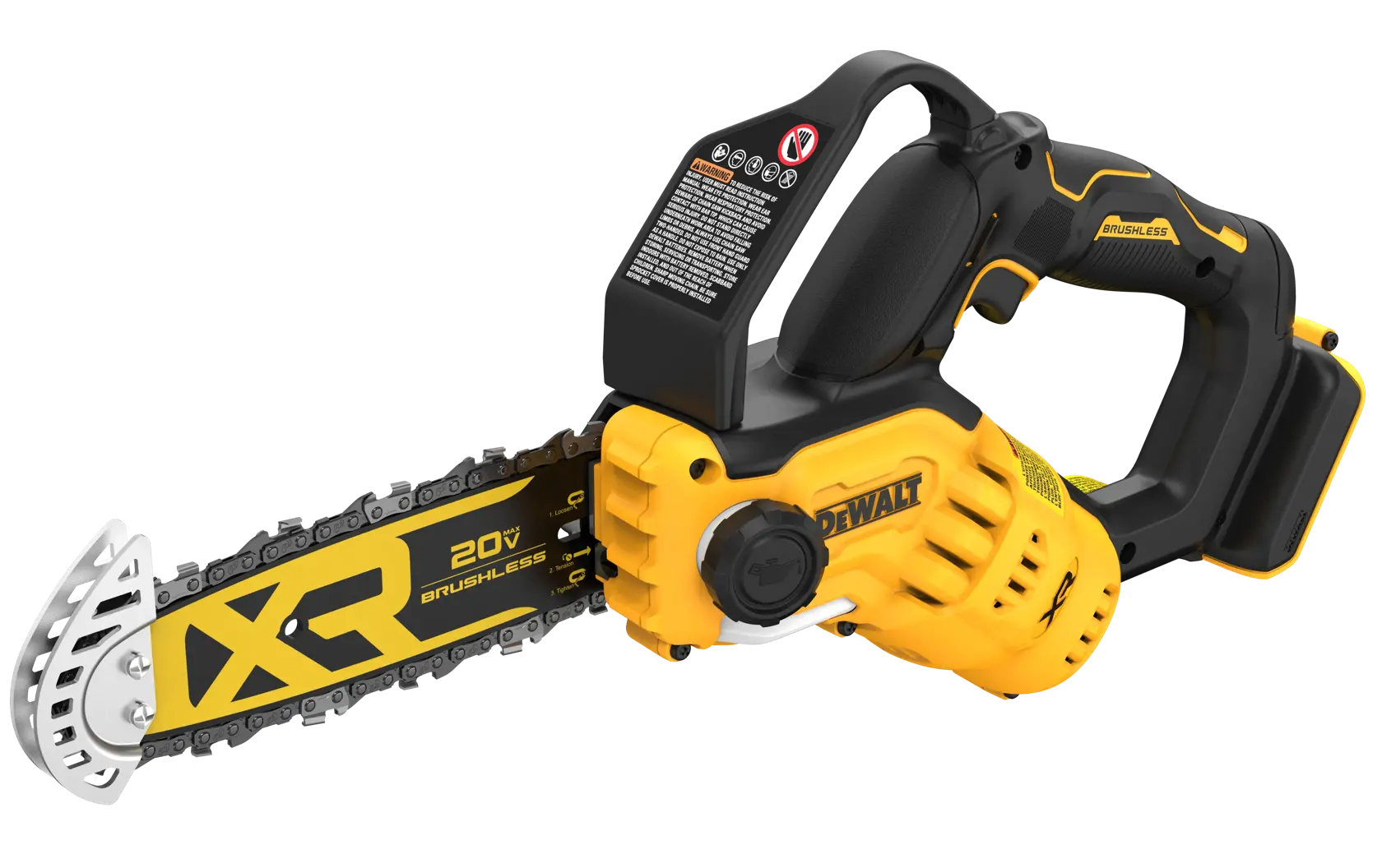 Pruning Chainsaw on white background in 3/4 top view