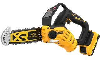 Pruning Chainsaw with 3 AH battery on white background in 3/4 front view
