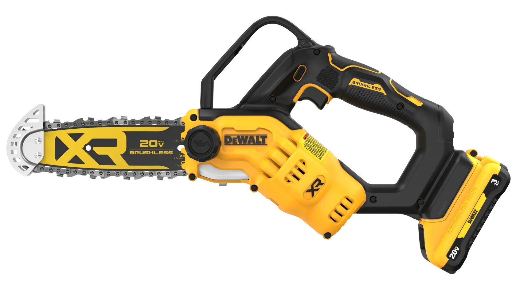 Pruning Chainsaw with 3 AH battery on white background in standard view