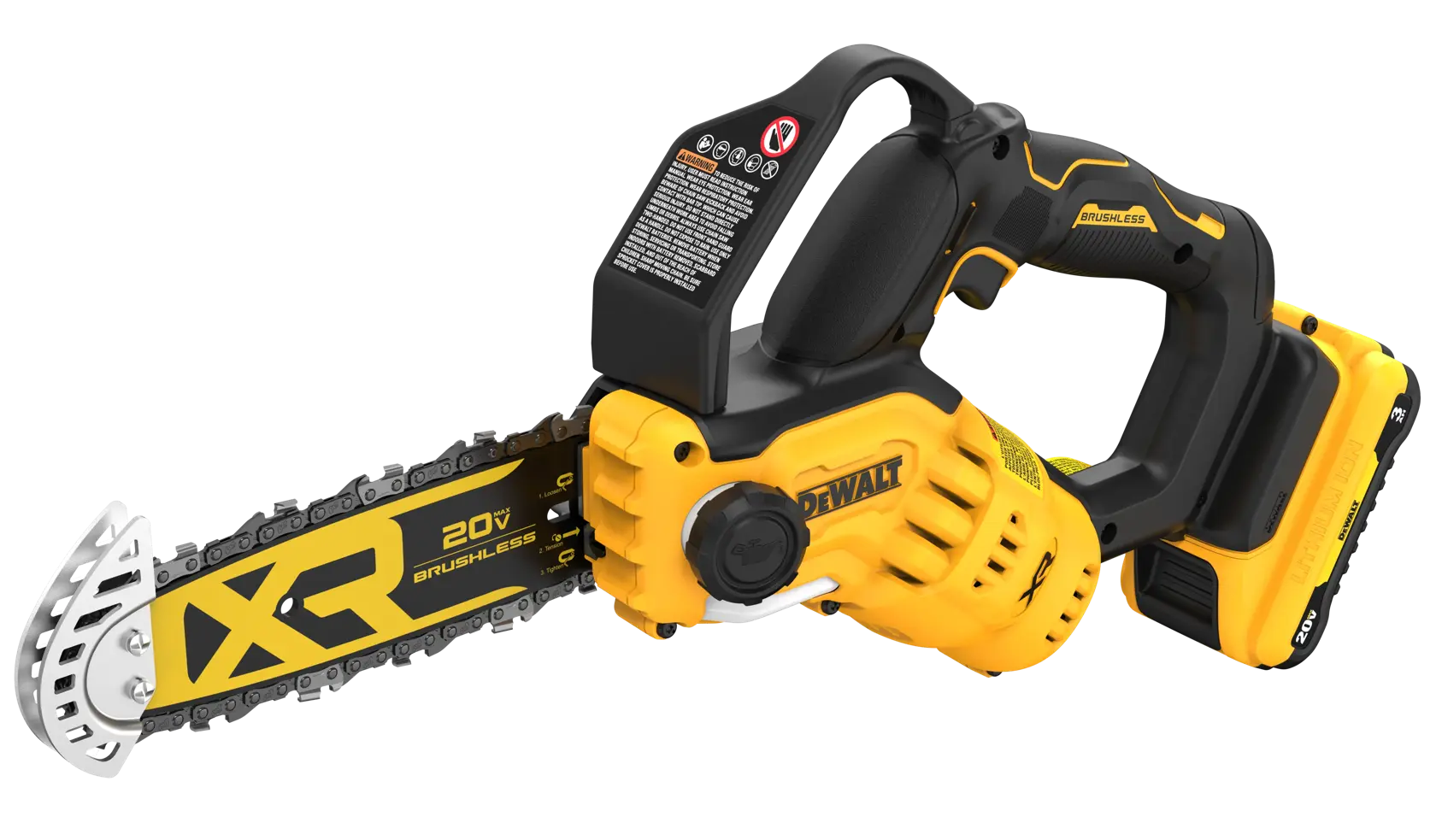 Pruning Chainsaw with 3 AH battery on white background in 3/4 top view