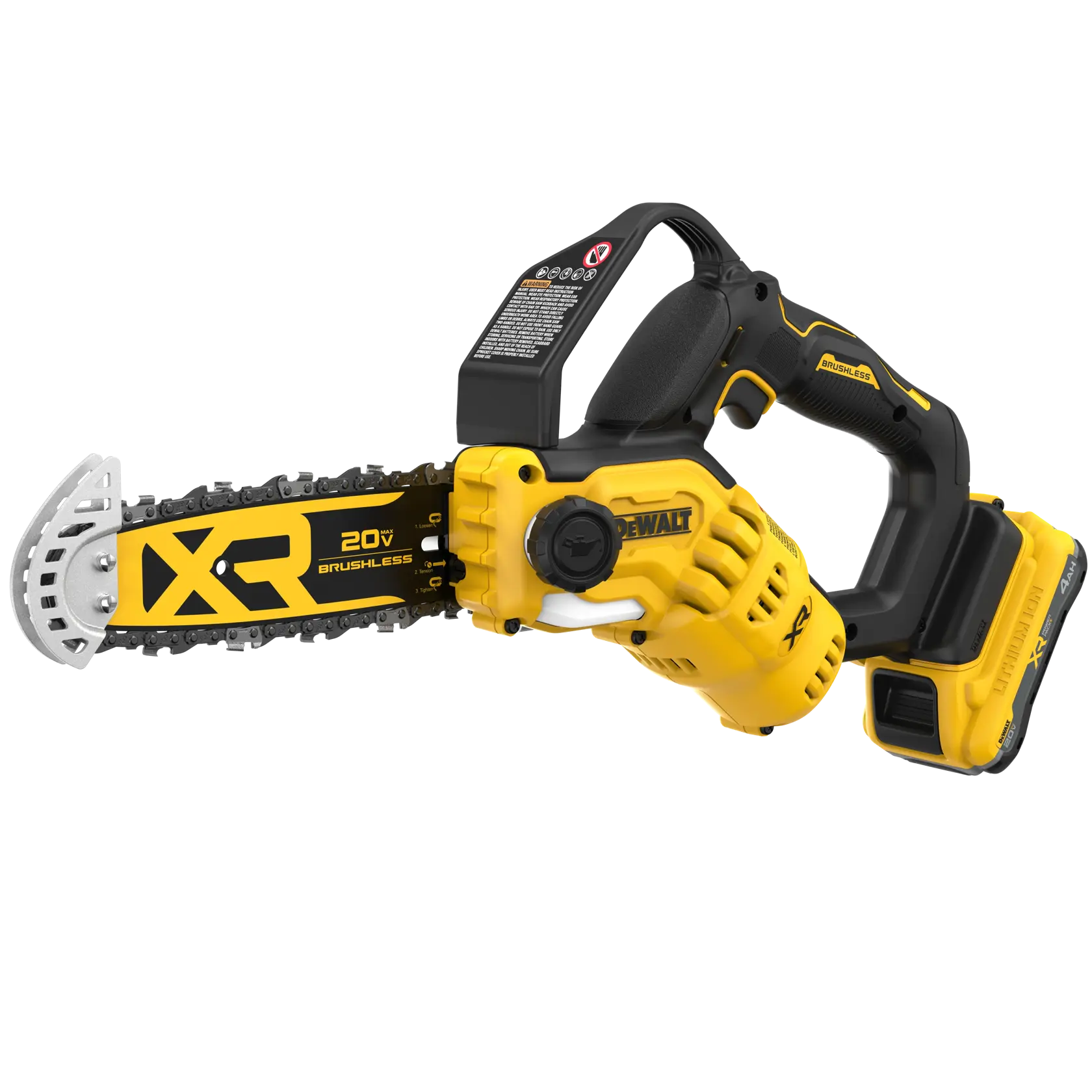 A DEWALT 20V XR brushless cordless chainsaw with a yellow and black design, featuring a protective guard on the chain and an ergonomic handle.