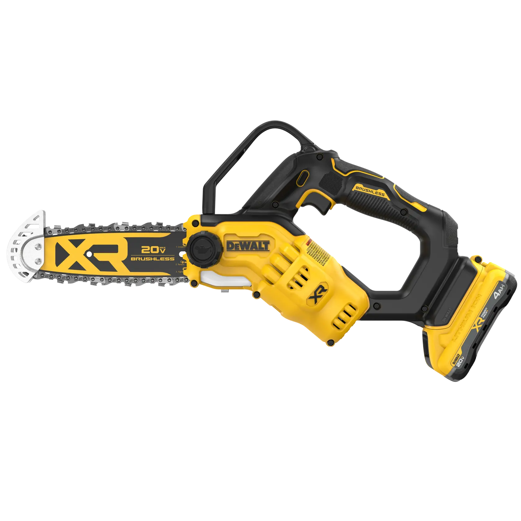 A DEWALT 20V cordless brushless chainsaw with yellow and black design, featuring the XR logo and a battery attached at the base.