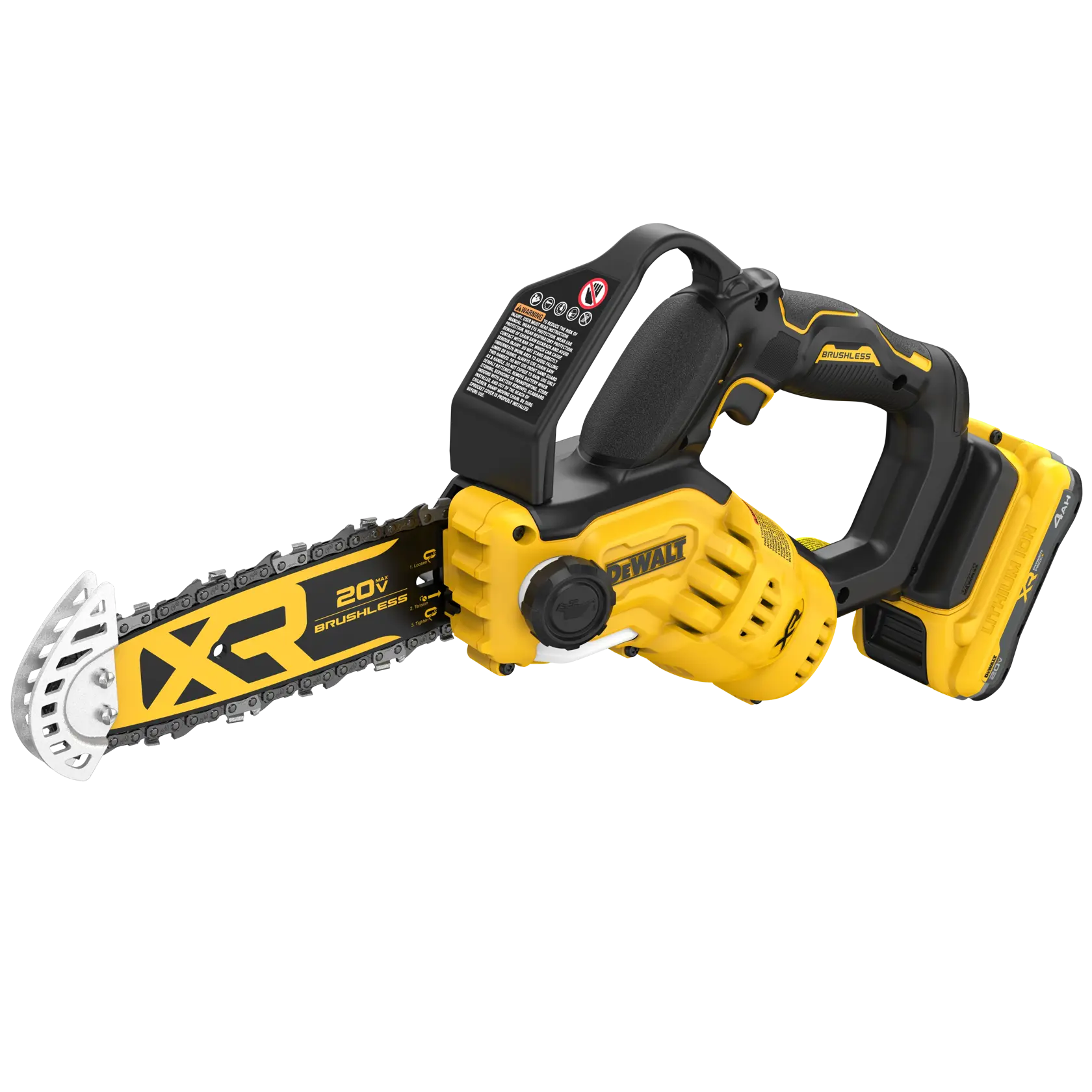 A yellow and black DEWALT 20V XR brushless cordless chainsaw, shown with a battery attached. The tool has a compact design with a protective guard on the tip of the blade and ergonomic handle.