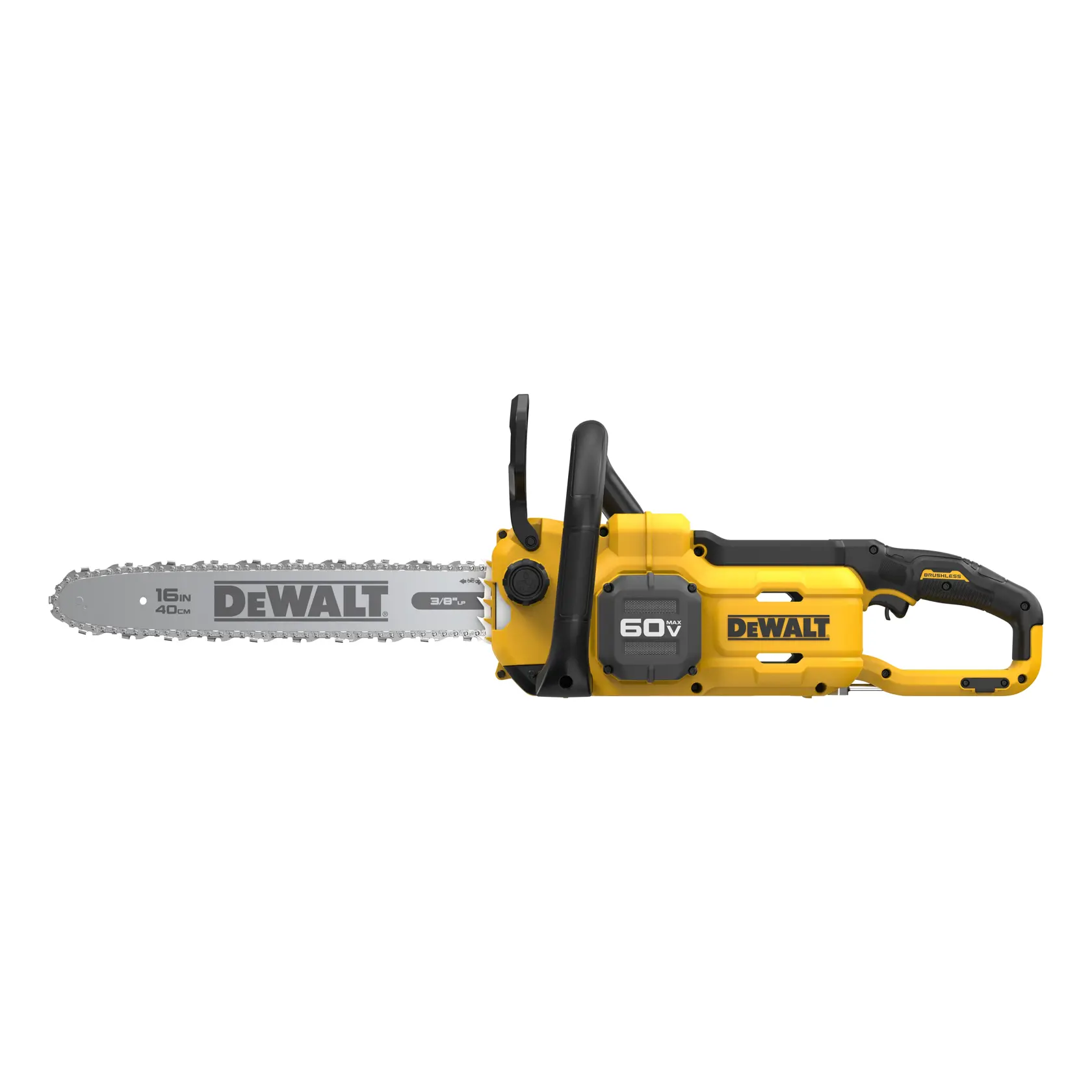 DEWALT 60V cordless chainsaw with 16-inch bar, yellow and black design, shown from side view.