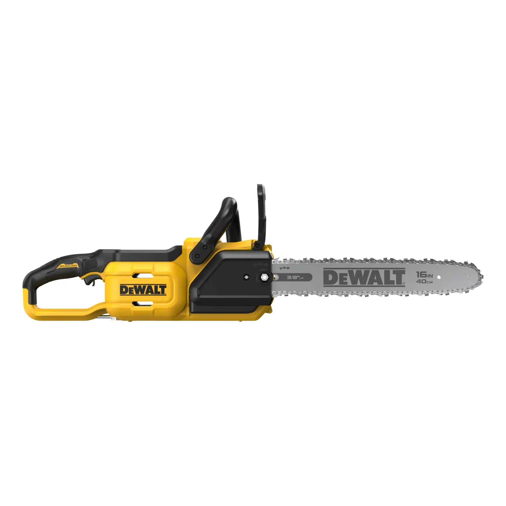 Yellow and black DEWALT cordless chainsaw with 16-inch blade, shown on a white background.