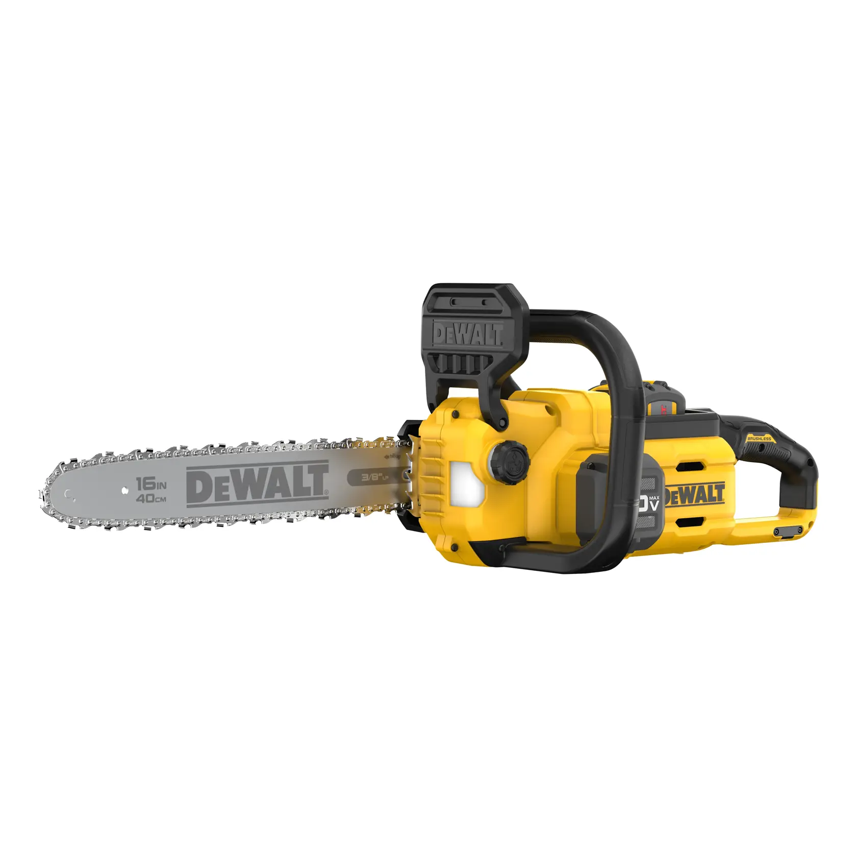 Yellow DEWALT 16-inch cordless chainsaw with black handle and visible branding, shown on a white background.