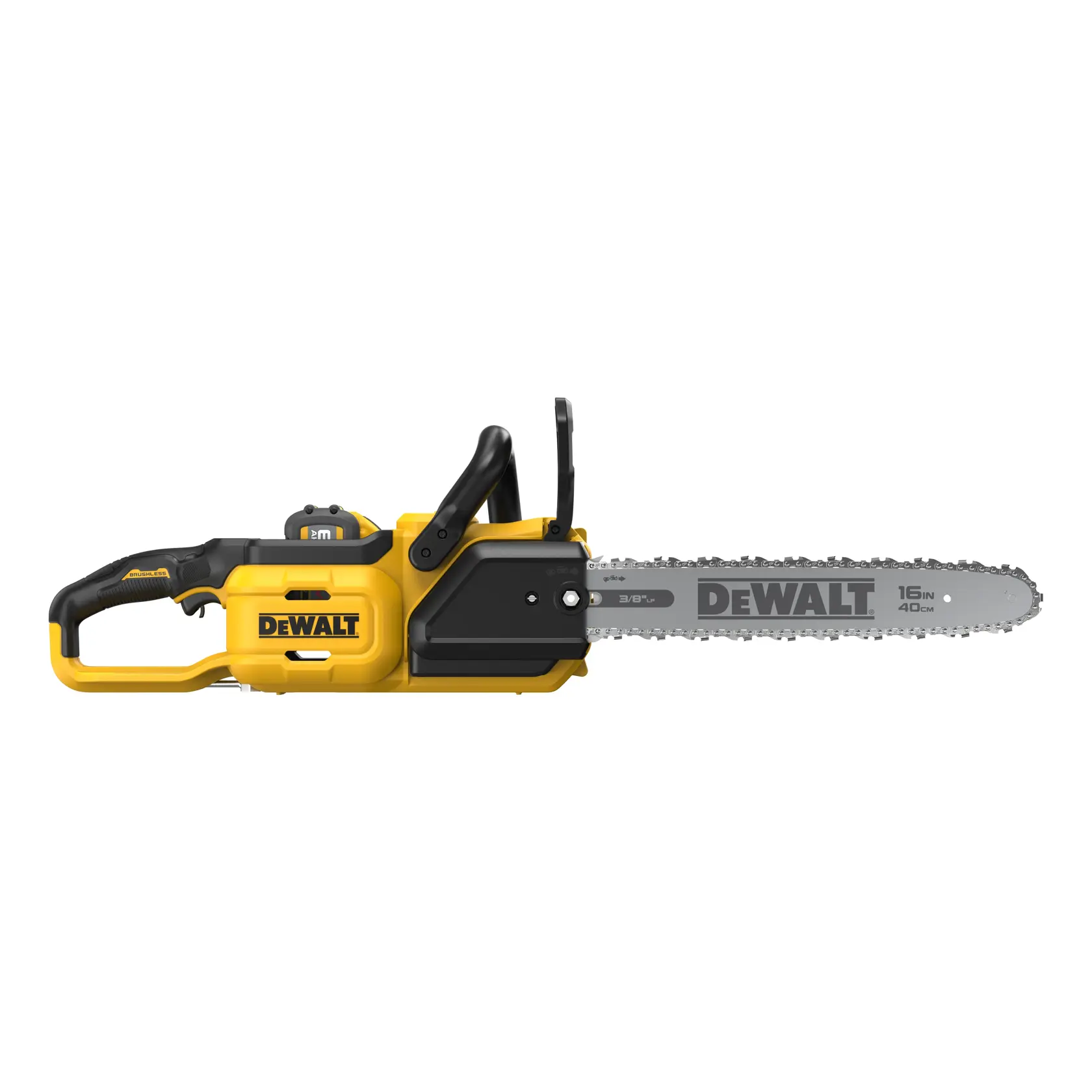 DEWALT cordless chainsaw with yellow and black design, 16-inch blade, shown from the side on a white background.