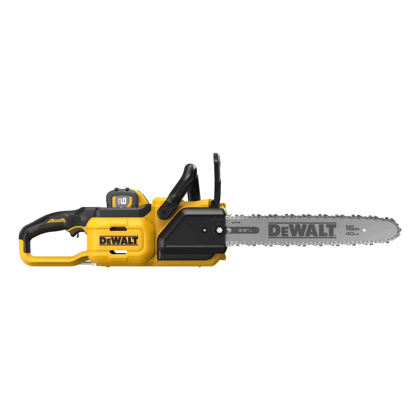 DEWALT cordless chainsaw with 16-inch blade shown from the side on a white background.