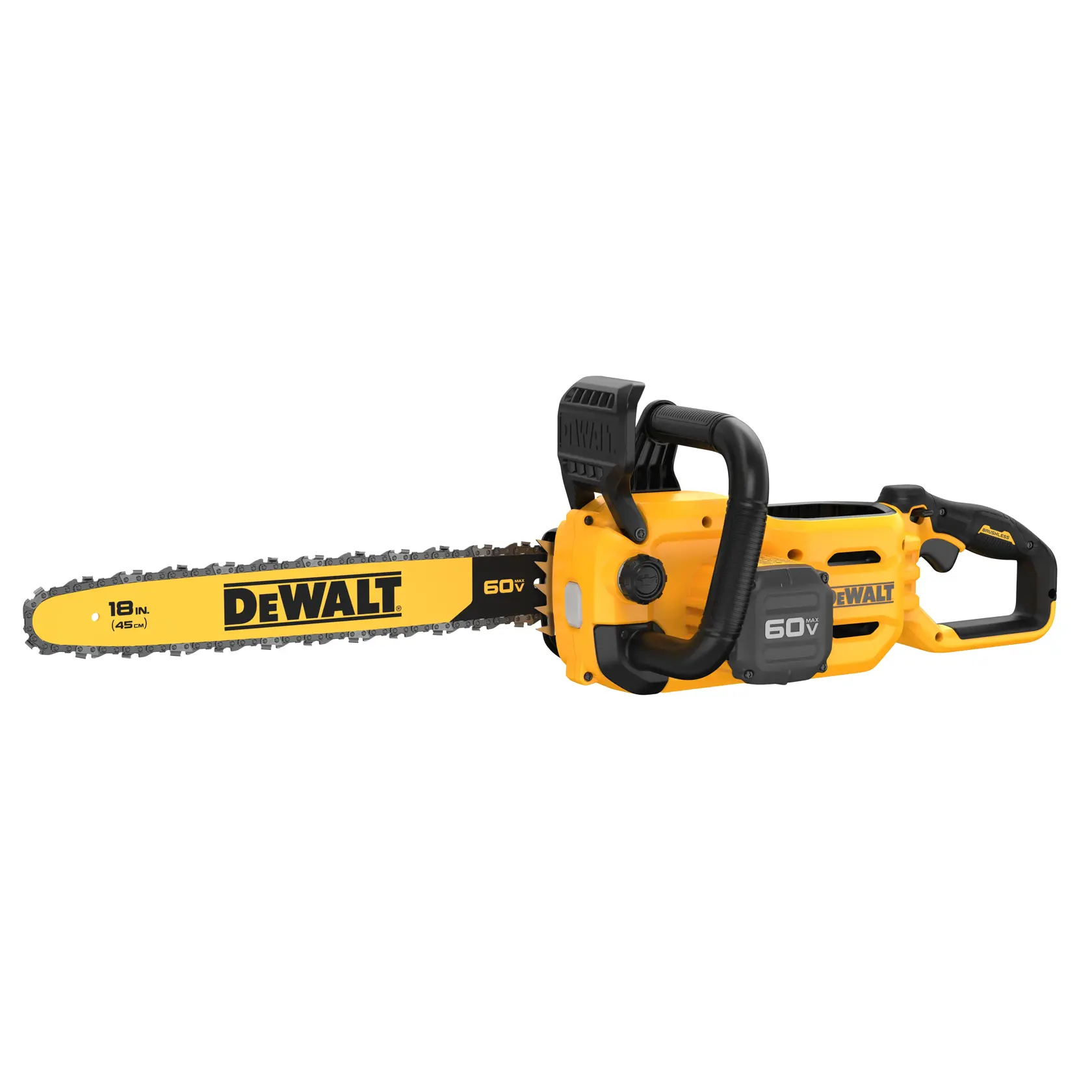 DeWALT 60V MAX 18 in. 3.0Ah Brushless Cordless Chainsaw on white background 