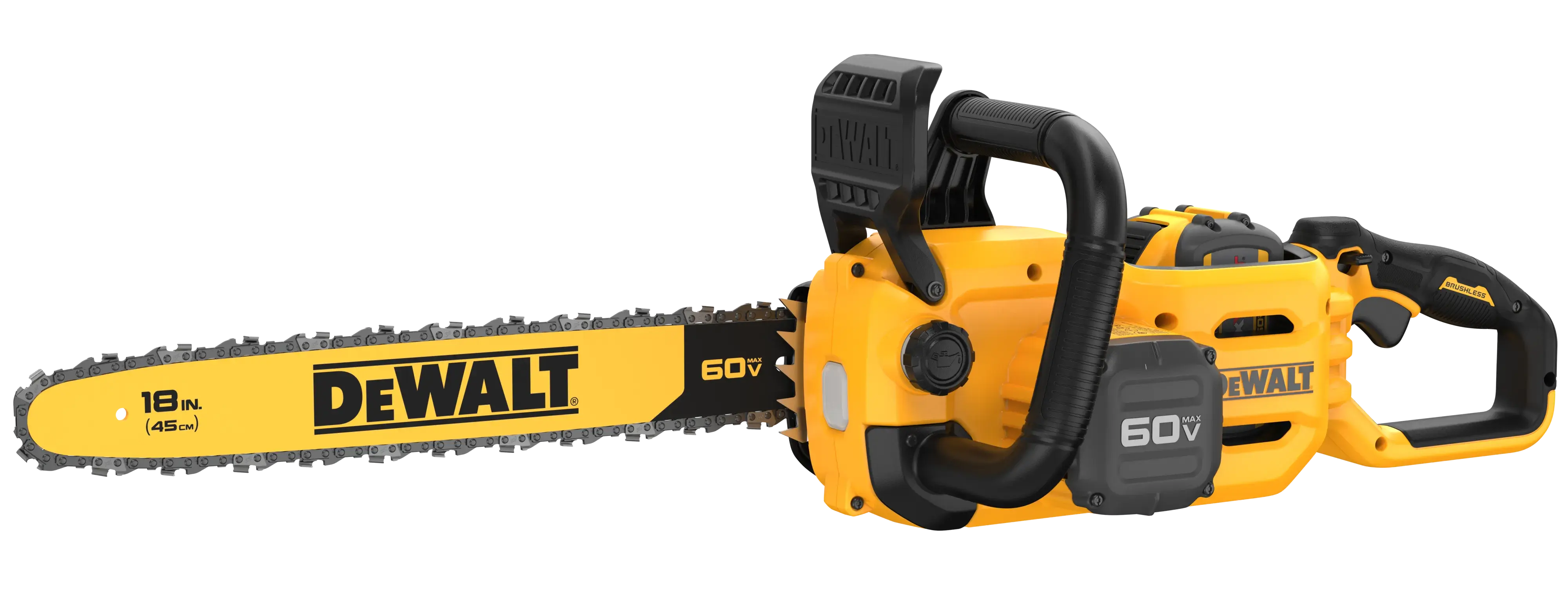 DeWALT 60V MAX 18 in. 3.0Ah Brushless Cordless Chainsaw on white background with features labeled: 18inch BAR & CHAIN / METAL BUCKING SPIKES / DUAL RETENTION STUDS / HIGH EFFICIENCY BRUSHLESS MOTOR / CHAIN BRAKE / 3.0 AH BATTERY FOR EXTENDED RUNTIME / ON BOARD WRENCH STORAGE