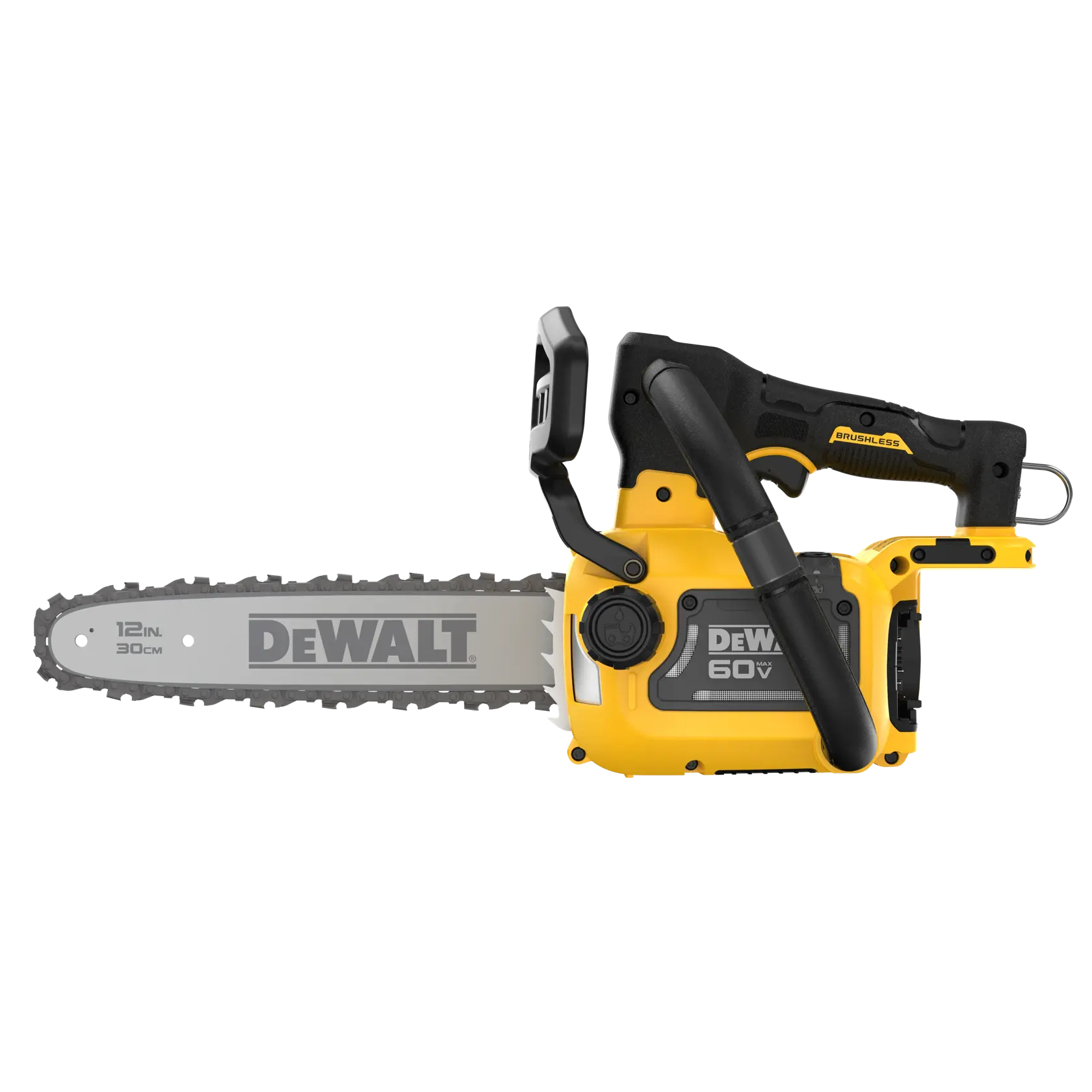 A DEWALT 60V brushless cordless chainsaw with a 12-inch (30 cm) bar, shown in yellow and black colors. The saw has a side handle and is designed for cutting wood.