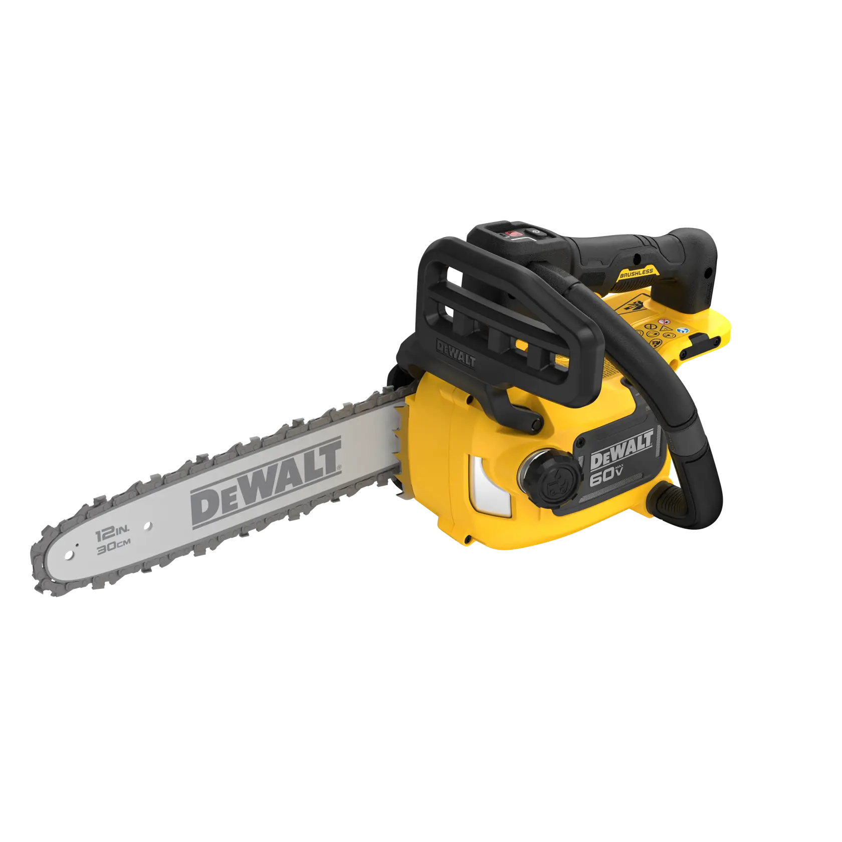 A DEWALT 60V cordless chainsaw with a yellow and black design, featuring a 12-inch (30 cm) bar and chain.