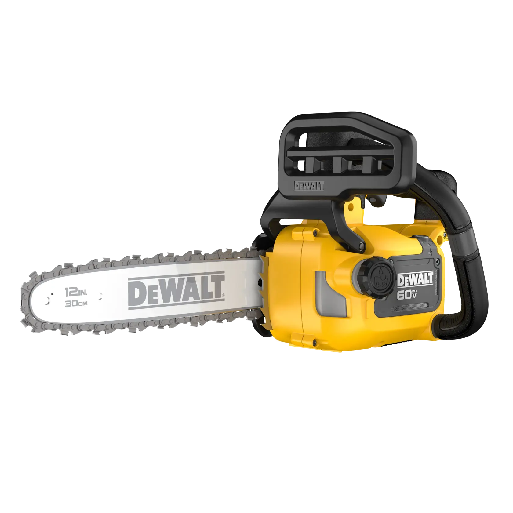 A DEWALT 60V cordless chainsaw with a 12-inch (30 cm) blade, shown against a white background.