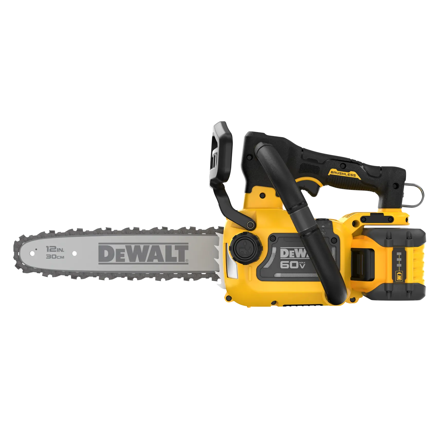 A DEWALT 60V cordless brushless chainsaw with a 12-inch (30 cm) blade, featuring a yellow and black design.
