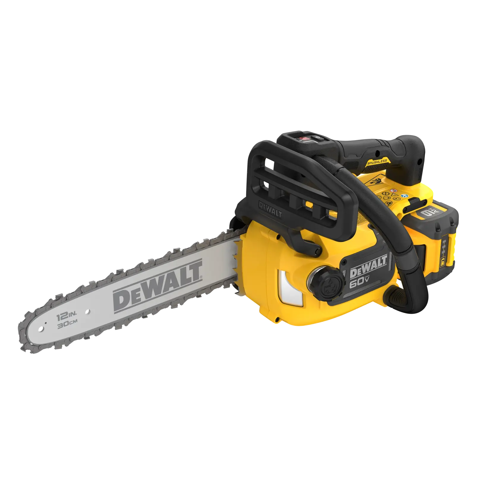 A DEWALT 60V cordless chainsaw with a 12-inch (30 cm) blade. The chainsaw is yellow and black and features ergonomic handles and branding on the blade and body.