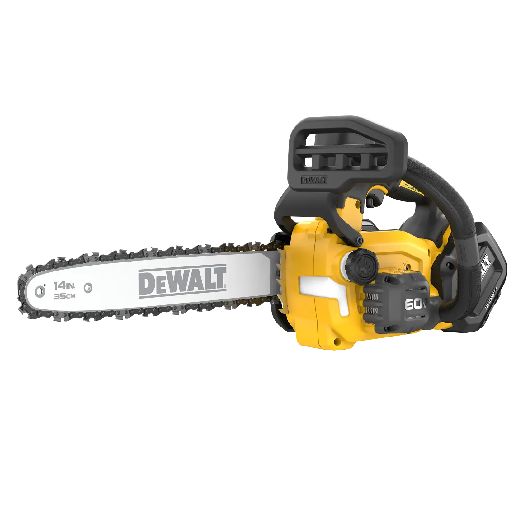 DEWALT 60V MAX Brushless Cordless Top Handle Chainsaw viewed from the front right side on white background
