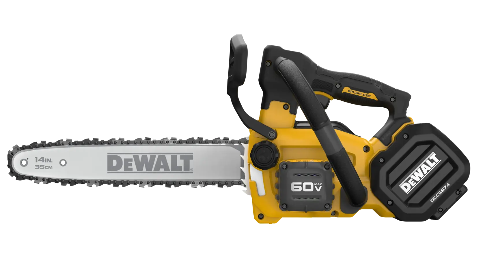 DEWALT 60V MAX Brushless Cordless Top Handle Chainsaw viewed straight on showing the front of the tool on white background