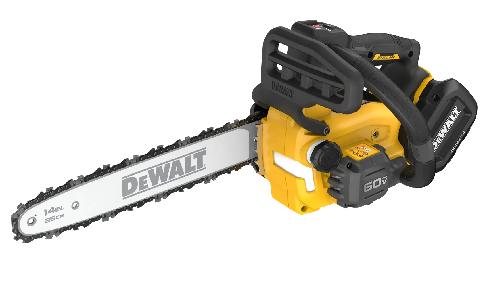DEWALT 60V MAX Brushless Cordless Top Handle Chainsaw viewed from top right angle on white background