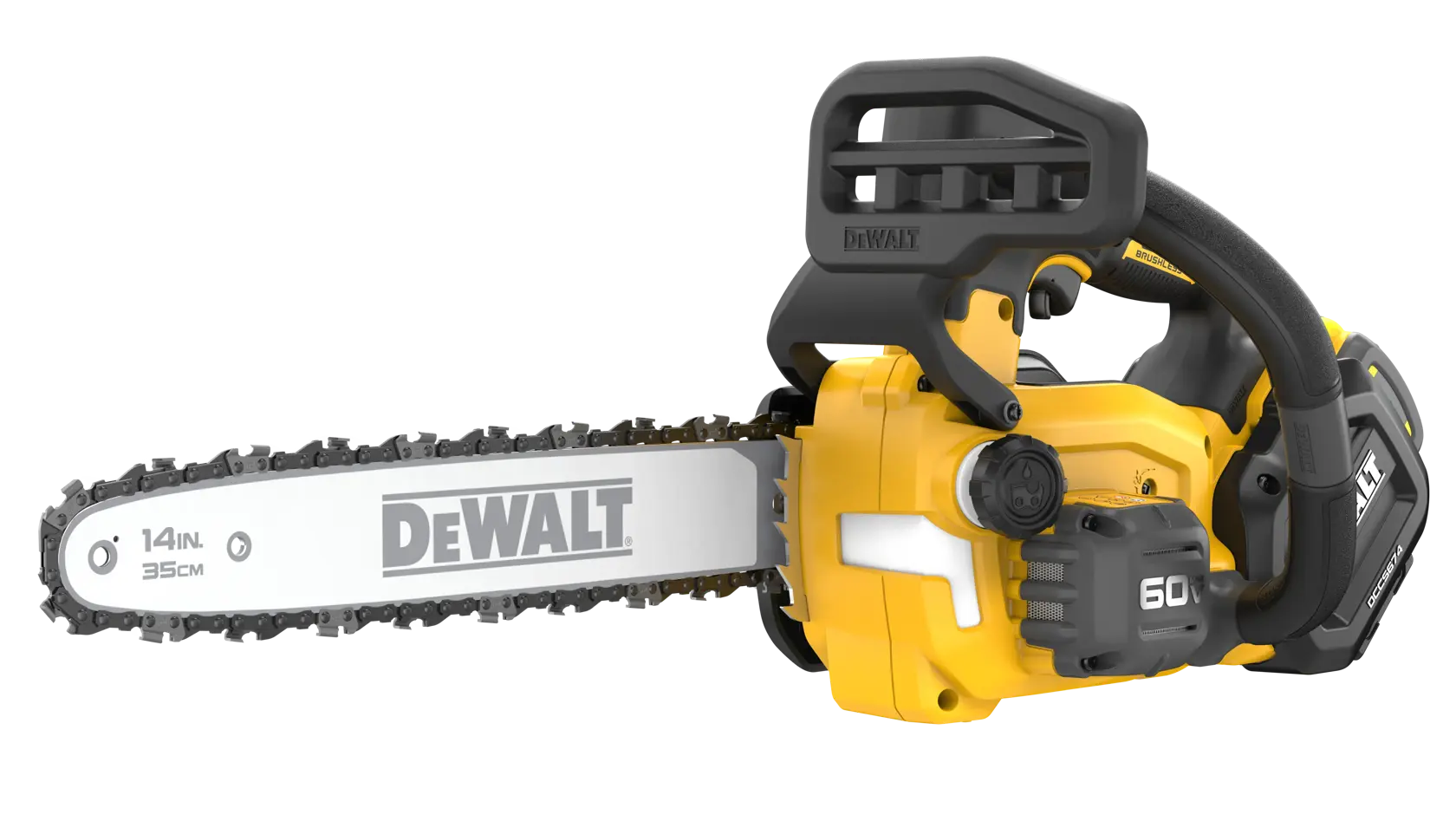 DEWALT 60V MAX Brushless Cordless Top Handle Chainsaw Kit with FLEXVOLT battery viewed from the front right side on white background