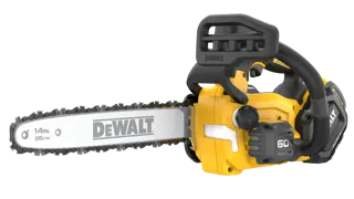 DEWALT 60V MAX Brushless Cordless Top Handle Chainsaw Kit with FLEXVOLT battery viewed from the front right side on white background