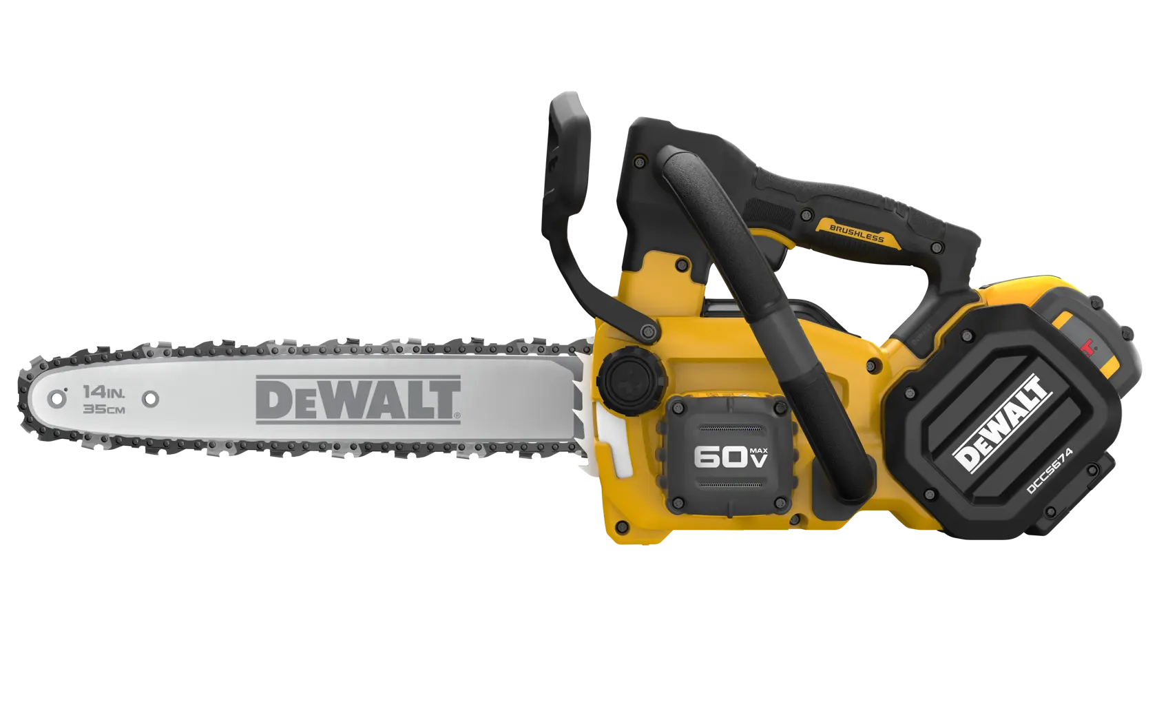 DEWALT 60V MAX Brushless Cordless Top Handle Chainsaw Kit with FLEXVOLT battery viewed straight on showing the front of the tool on white background