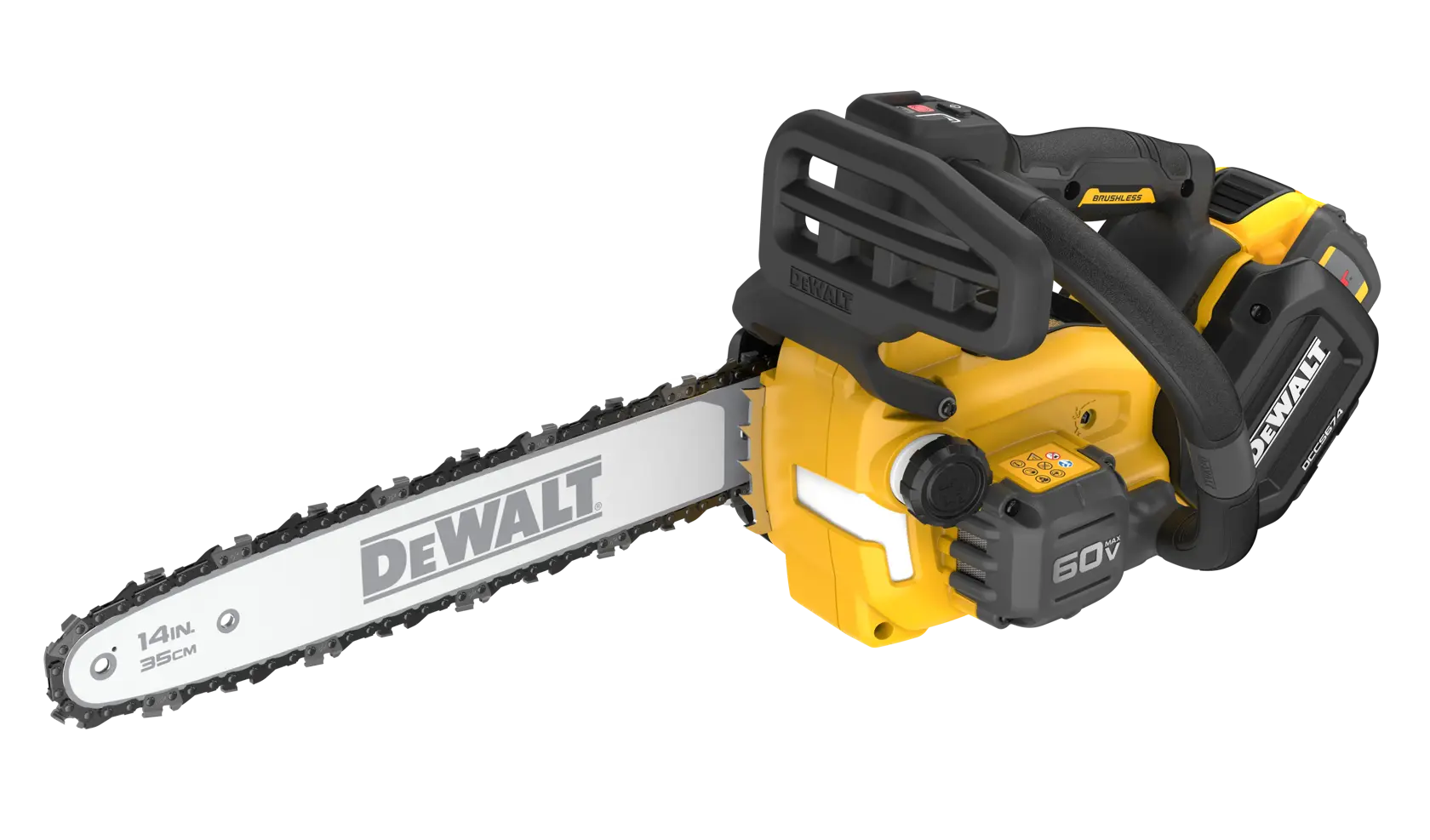 DEWALT 60V MAX Brushless Cordless Top Handle Chainsaw Kit with FLEXVOLT battery viewed from top right angle on white background