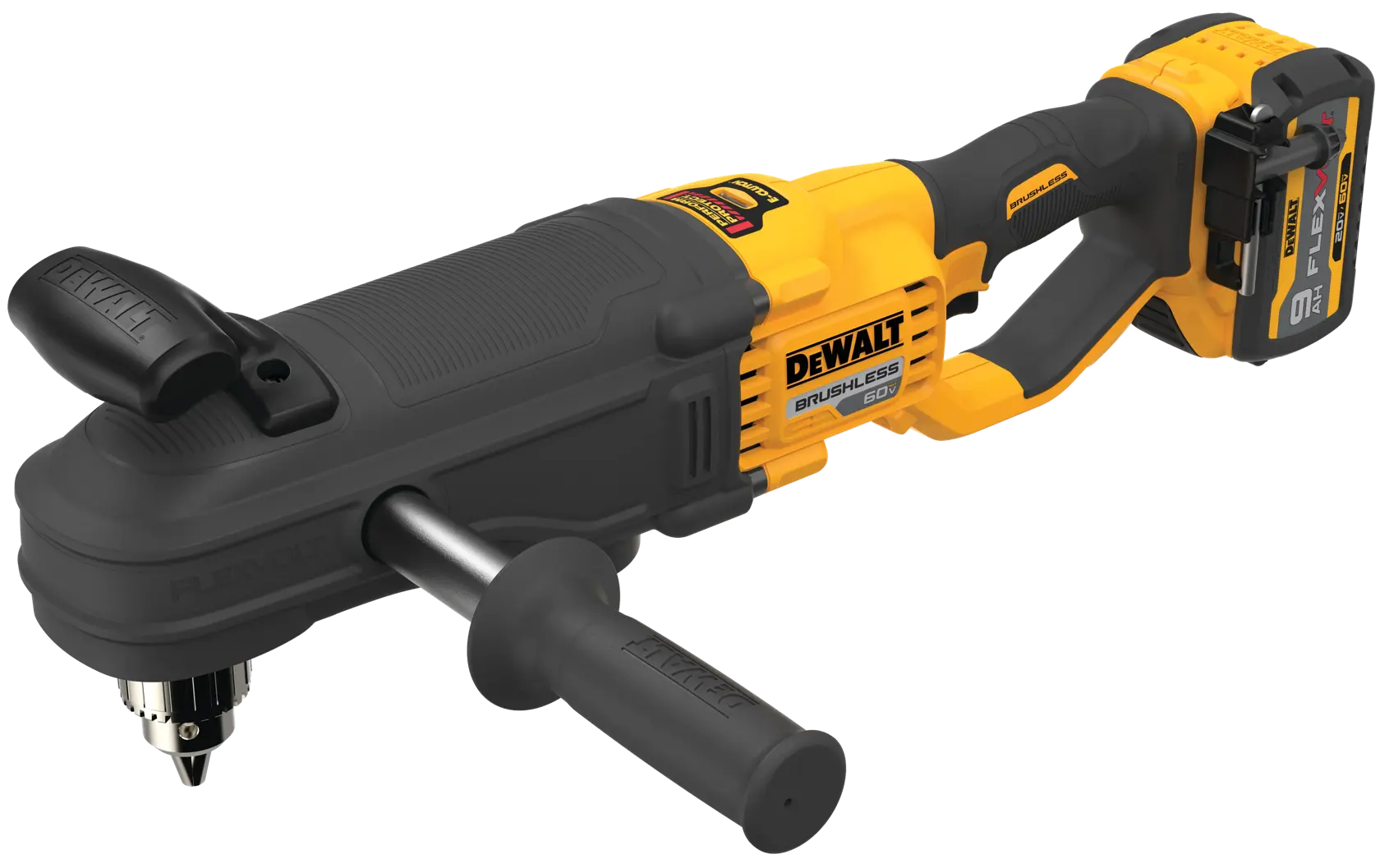 Overhead view of In line stud and joist drill with  E-clutch System and battery.