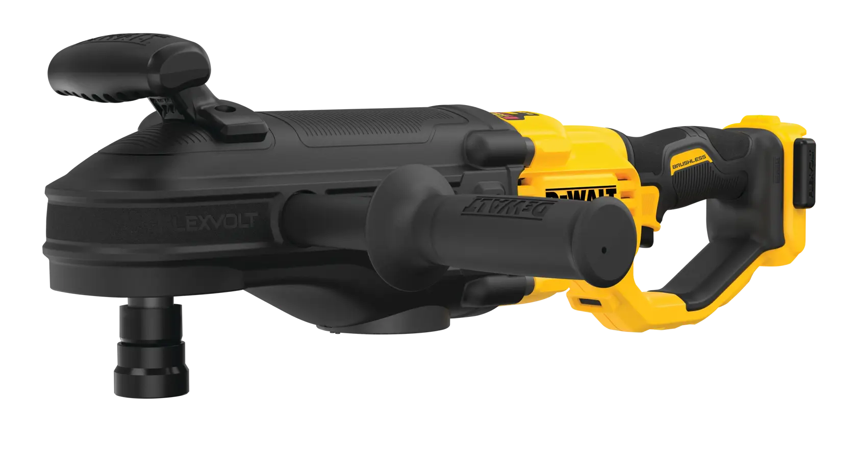 A DEWALT cordless power tool, specifically a FLEXVOLT right angle drill, featuring a black and yellow ergonomic design with dual handles and battery compartment visible.