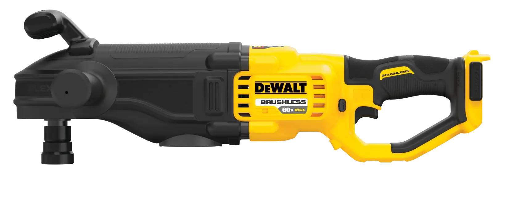 A DEWALT 60V MAX brushless power tool with a yellow and black casing, designed for heavy-duty drilling or boring tasks. The tool features a side handle for stability and an ergonomic main handle.