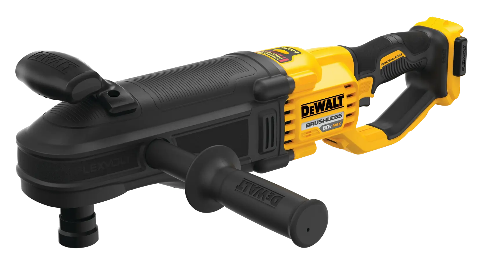 A DEWALT cordless brushless right angle drill, Flexvolt 60V model DCD471B, featuring a yellow and black design with a side handle and ergonomic grip.